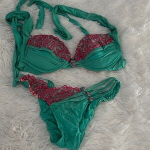 Beach Bunny Teal and Burgundy Lace Bikini Set